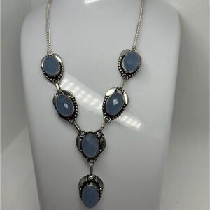 925 Sterling Silver stamped Blue Glass Stone Drop Necklace - Women Jewelry